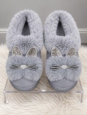 Rhinestone Plush Cat Slippers / Soft Sole Slip-on Slipper Shoes